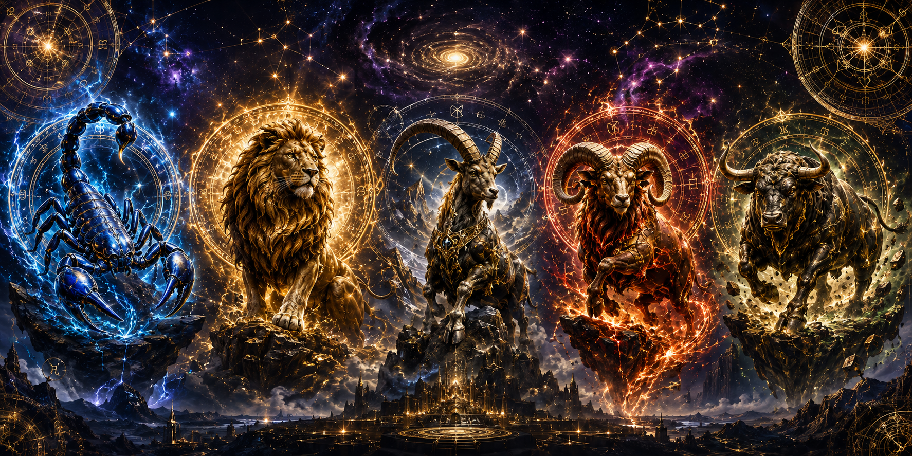 Zodiak Kekuatan Paling Tinggi menampilkan simbol Scorpio, Leo, Capricorn, Aries, dan Taurus